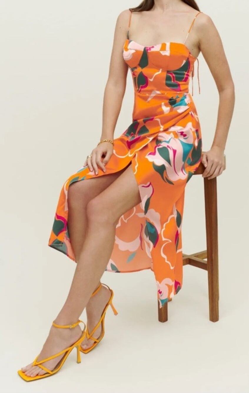 Reformation Marguerite 100% Silk Floral Midi Dress Electra Orange Size 0